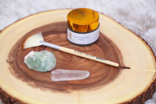 Image of Aimee Raupp Organic Green Goddess Mask, Facial Brush, and crystals